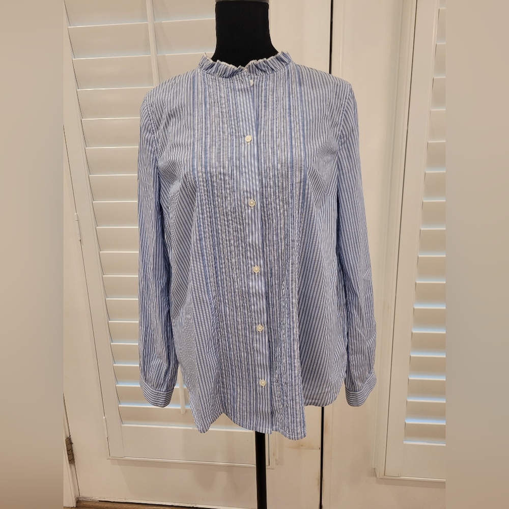 J. Crew Light Blue and White Striped Pintuck Button-Front Blouse
